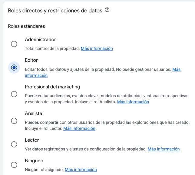 Roles de acceso de Google Analytics con Editor seleccionado para configurar la propiedad sin gestionar usuarios.