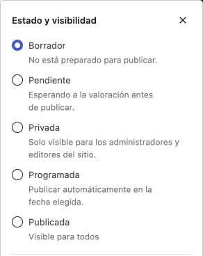 Panel de estado de WordPress con Borrador seleccionado y las opciones Pendiente, Privada, Programada y Publicada.