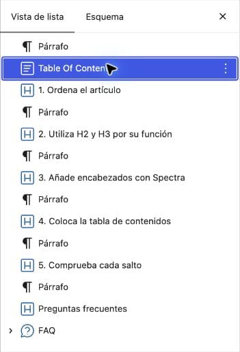 Vista de lista de WordPress con introducción, índice, encabezados de apartados y preguntas frecuentes.
