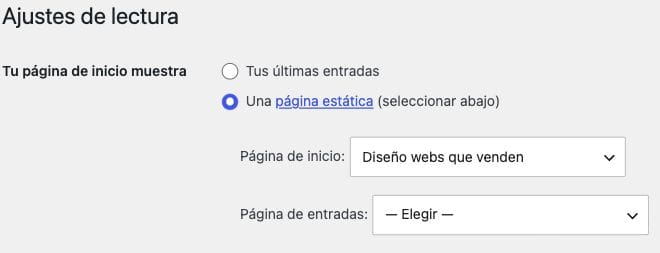 Ajustes de lectura de WordPress con las opciones de página de inicio y página de entradas.